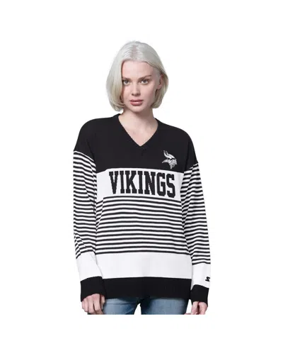 STARTER WOMEN'S BLACK MINNESOTA VIKINGS NO HUDDLE STRIPED SWEATER