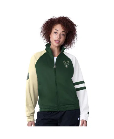 STARTER WOMEN'S HUNTER GREEN MILWAUKEE BUCKS LINE UP DOLMAN RAGLAN FULL-ZIP TRACK JACKET