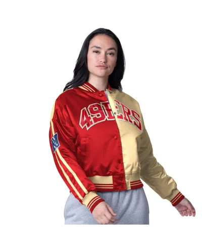 STARTER WOMEN'S SCARLET/GOLD SAN FRANCISCO 49ERS ZONE BLITZ CROPPED FULL-SNAP SATIN JACKET