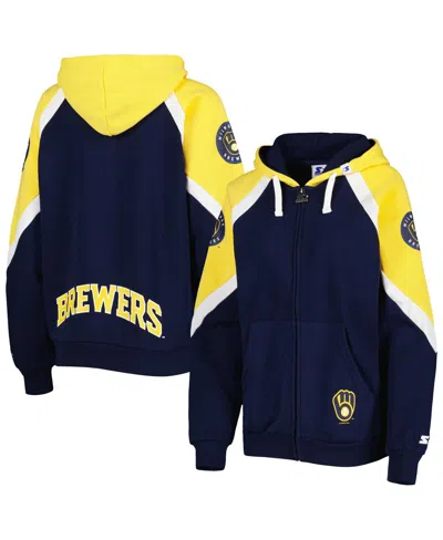 STARTER WOMEN'S STARTER NAVY, GOLD MILWAUKEE BREWERS HAIL MARY FULL-ZIP HOODIE
