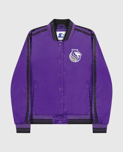 STARTER WOMENS SACRAMENTO KINGS VARSITY SATIN FULL-SNAP JACKET IN PURPLE