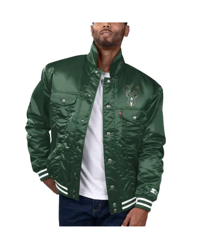 STARTER X LEVI'S MEN'S HUNTER GREEN MILWAUKEE BUCKS SILVER LABEL TRUCKER SATIN FULL-SNAP JACKET