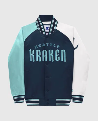 STARTER YOUTH SEATTLE KRAKEN VARSITY SATIN FULL-SNAP STARTER JACKET IN NAVY