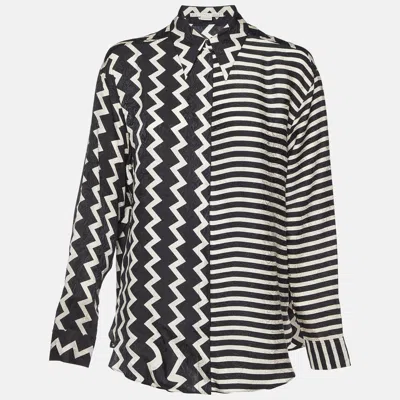 STELLA MCCARTNEY BLACK/WHITE CHEVRON & STRIPES PRINT JACQUARD SILK SHIRT S