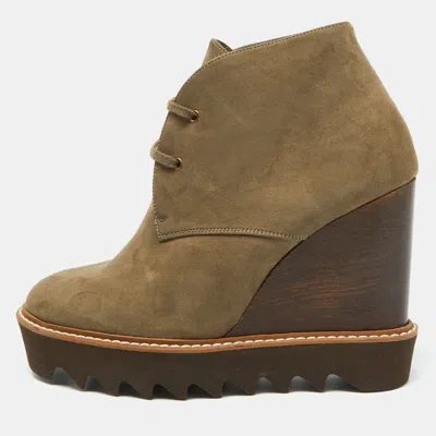 STELLA MCCARTNEY OLIVE GREEN FAUX LEATHER LEANA WEDGE BOOTS SIZE 39