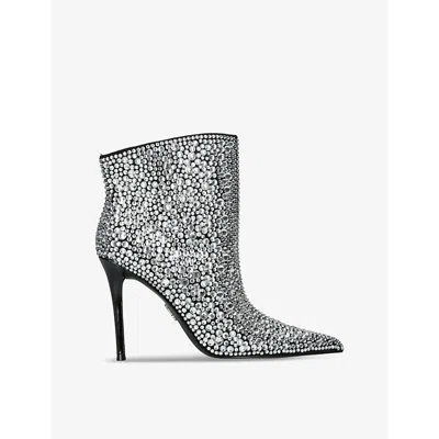 STEVE MADDEN WOMENS SILVER SENTINEL CRYSTAL-EMBELLISHED HEELED LEATHER ANKLE BOOTS