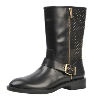 STEVE MADDEN STEVE MADDEN WOMENS ZAIN STUDDED LEATHER BOOT SIZE-6 COLOR-BLACK/GOLD
