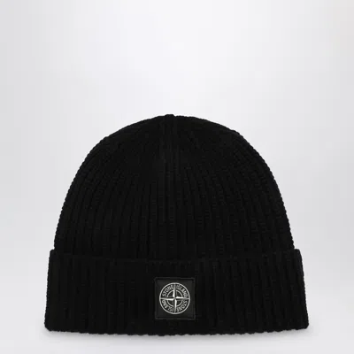 STONE ISLAND BLACK WOOL CAP WITH LOGO LABEL
