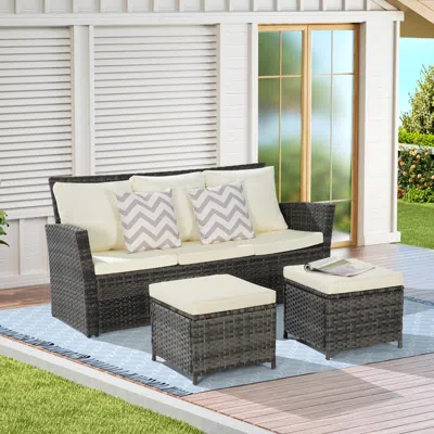STREAMDALE FURNITURE STREAMDALE 3-PIECE WICKER PATIO SET, SOFA, OTTOMANS, ALL-WEATHER RATTAN