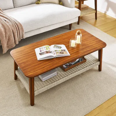 STREAMDALE FURNITURE STREAMDALE 47.25" MID-CENTURY COFFEE TABLE WITH WOVEN SHELF, BOHO RATTAN COFFEE TABLE WITH STORAGE, 