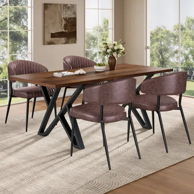 STREAMDALE FURNITURE STREAMDALE 5 PIECES COMTEMPORAY FAUX LEATHER DINING SET,BROWN+BLACK+WALNUT
