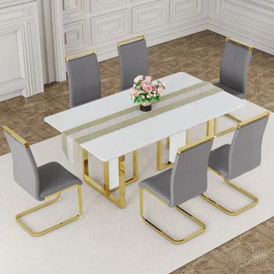 STREAMDALE FURNITURE STREAMDALE 67" MODERN DINING TABLE SET MARBLE PATTERN MDF TABLE & 6 PU CHAIRS