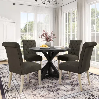 STREAMDALE FURNITURE STREAMDALE BANFF 5-PIECE DINING SET, CROSS-BUCK ROUND TABLE WITH 4 TUFTED CHAIRS, CHARCOAL