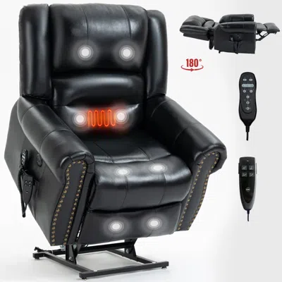 STREAMDALE FURNITURE STREAMDALE BLACK LEATHER POWER LIFT RECLINER WITH HEAT MASSAGE