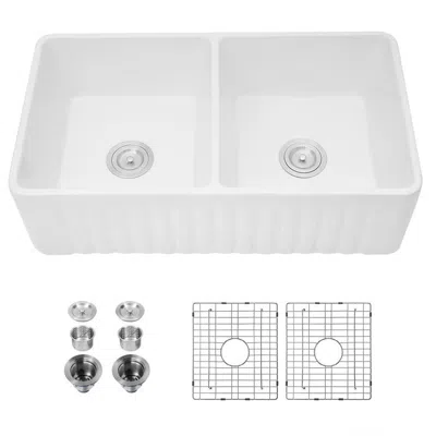 STREAMDALE FURNITURE STREAMDALE CERAMIC 33 18 X10 KITCHEN DOUBLE BASIN FARMHOUSE SINK RECTANGULAR