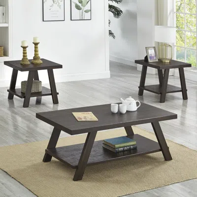 STREAMDALE FURNITURE STREAMDALE CONTEMPORARY 3-PIECE WOOD SHELF COFFEE TABLE SET IN WEATHERED ESPRESSO