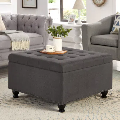 STREAMDALE FURNITURE STREAMDALE DARK GREY SQUARE OTTOMAN WITH STORAGE, BUTTON TUFTED & NAIL TRIM