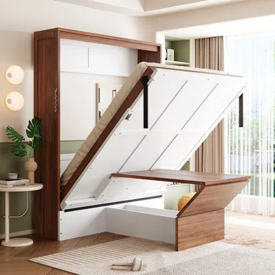STREAMDALE FURNITURE STREAMDALE FULL SIZE MURPHY BED WITH FOLDABLE DESK - SPACE SAVING WALL BED - WALNUT & WHITE