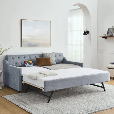 STREAMDALE FURNITURE STREAMDALE GRAY LINEN UPHOLSTERED DAYBED WITH TWIN TRUNDLE AND USB