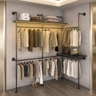 STREAMDALE FURNITURE STREAMDALE INDUSTRIAL PIPE CLOTHING RACK W/ LED & SHELVES