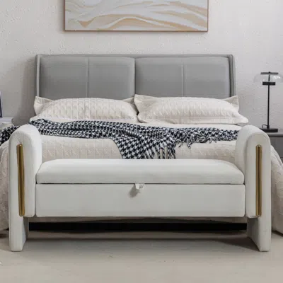 STREAMDALE FURNITURE STREAMDALE IVORY VELVET STORAGE BENCH WITH GOLD TRIM STRIP