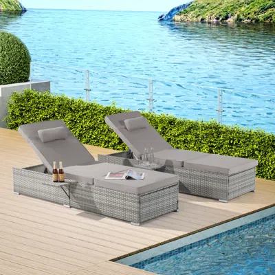 STREAMDALE FURNITURE STREAMDALE OUTDOOR CHAISE LOUNGE SET, 2 RATTAN RECLINERS, TABLE, CUSHIONS, POOL/BEACH