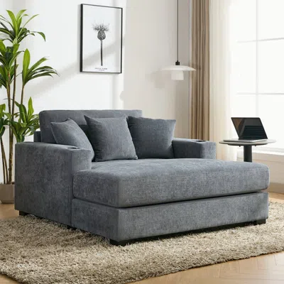 STREAMDALE FURNITURE STREAMDALE OVERSIZED CHAISE LOUNGE SOFA WITH AMENITIES, CHENILLE FABRIC, BLUE GRAY