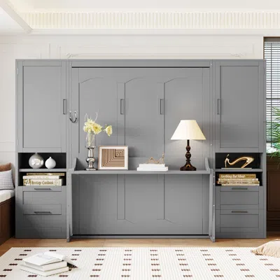 STREAMDALE FURNITURE STREAMDALE QUEEN SIZE MURPHY BED WALL BED WITH CLOSET,DRAWERS AND SHELVES, GRAY