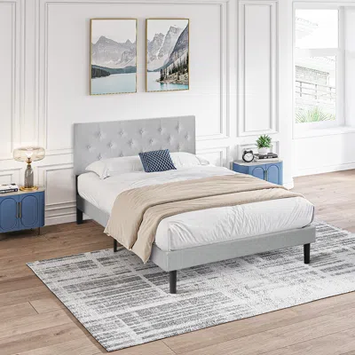 STREAMDALE FURNITURE STREAMDALE QUEEN SIZE UPHOLSTERED PLATFORM BED FRAME WITH MODERN BUTTON TUFTED LINEN FABRIC HEADBOAR