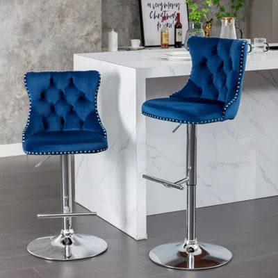 STREAMDALE FURNITURE STREAMDALE SWIVEL VELVET BARSTOOLS, ADJUSTABLE HEIGHT, CHROME BASE, SET OF 2, BLUE