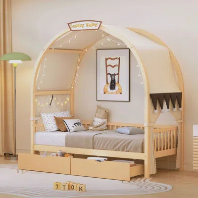 STREAMDALE FURNITURE STREAMDALE TWIN SIZE BED WITH ARCHED ROOF AND 2 DRAWERS, NATURAL