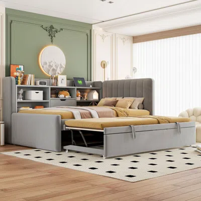 STREAMDALE FURNITURE STREAMDALE TWIN SIZE UPHOLSTERED DAYBED WITH TRUNDLE, STORAGE SHELVES, USB & OUTLET