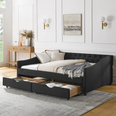 STREAMDALE FURNITURE STREAMDALE UPHOLSTERED TUFTED DAYBED WITH DRAWERS AND COPPER NAIL DETAIL