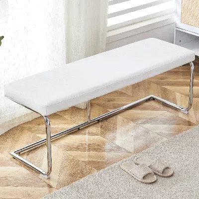 STREAMDALE FURNITURE STREAMDALE VERSATILE WHITE LEATHER BENCH WITH SILVER METAL LEGS FOR MULTIPLE ROOMS