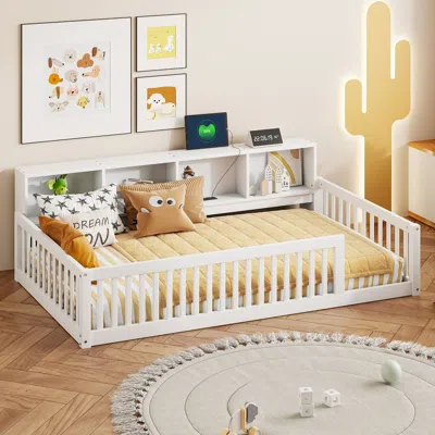 STREAMDALE FURNITURE STREAMDALE WOOD TWIN XL SIZE FLOOR BED WITH STORAGE CABINETS AND USB PORTS