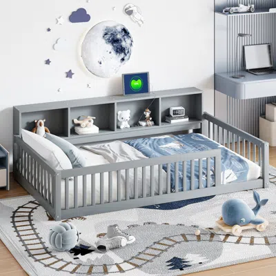 STREAMDALE FURNITURE STREAMDALE WOOD TWIN XL SIZE FLOOR BED WITH STORAGE CABINETS AND USB PORTS