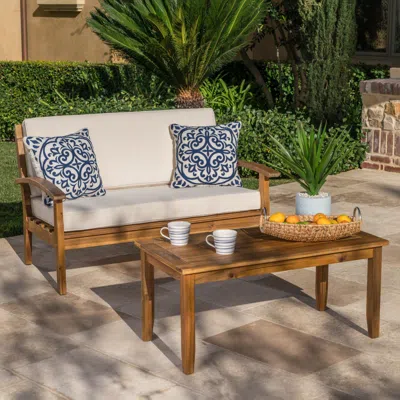 STREAMDALE FURNITURE STREAMDALE WOODEN LOVESEAT & TABLE SET WITH WATER-RESISTANT CUSHIONS