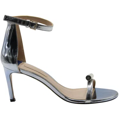 STUART WEITZMAN ANKLE STRAP OPEN TOE HIGH HEEL SANDALS IN SILVER LEATHER