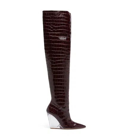 STUART WEITZMAN STUART WEITZMAN, LUCITE 100 WEDGE BOOT, LAST CHANCE, PLUM, BEDRUCKTES KROKOLEDER