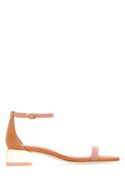 STUART WEITZMAN PEACH SUEDE LUCITE NUDISTCURVE SANDALS