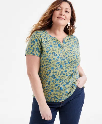 STYLE & CO PLUS SIZE PRINTED HENLEY TEE, EXCLUSIVELY AT MACY'S