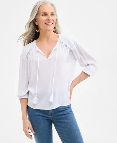 STYLE & CO WOMEN'S TASSELED SPLIT NECK 3/4-SLEEVE TOP, EXCLUSIVELY AT MACY'S