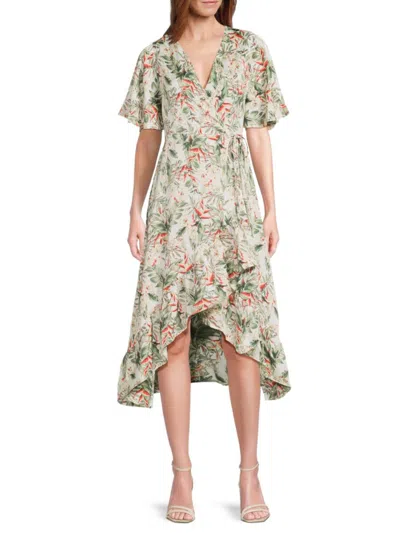 SUBTLE LUXURY WOMEN'S FLORAL WRAP HIGH-LOW MIDI-DRESS