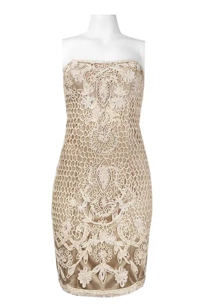 SUEWONG STRAPLESS SCALLOPED EMBROIDERED DRESS IN BEIGE