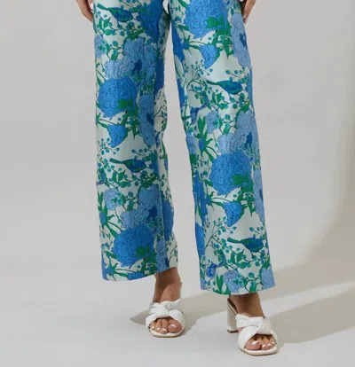 SUGARLIPS WILLA FLORAL BERN JACQUARD WIDE LEG PANTS IN WHITE/BLUE