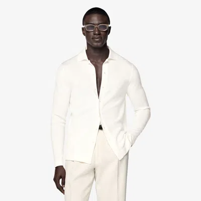 SUITSUPPLY OFF-WHITE MERINO LONG SLEEVE POLO CARDIGAN
