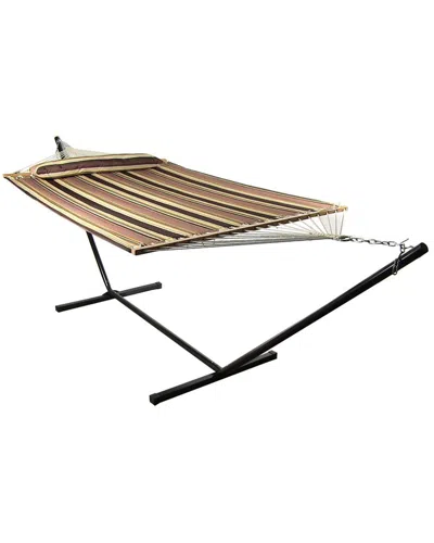 SUNNYDAZE SUNNYDAZE 2-PERSON QUILTED FABRIC SPREADER BAR HAMMOCK W/ 12' STAND -SANDY BEACH