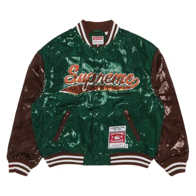SUPREME SUPREME X MITCHELL & NESS SEQUIN VARSITY JACKET 'GREEN'