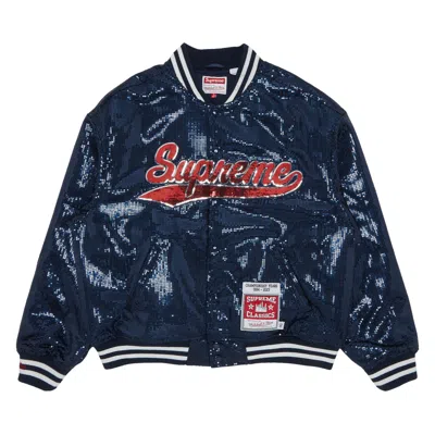 SUPREME SUPREME X MITCHELL & NESS SEQUIN VARSITY JACKET 'NAVY'