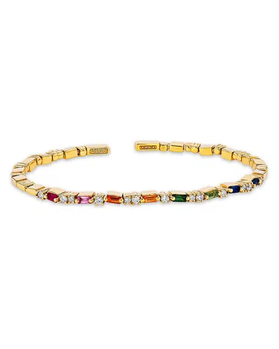 SUZANNE KALAN 18K YELLOW GOLD FIREWORKS RAINBOW SAPPHIRE BAGUETTE & DIAMOND BANGLE BRACELET
